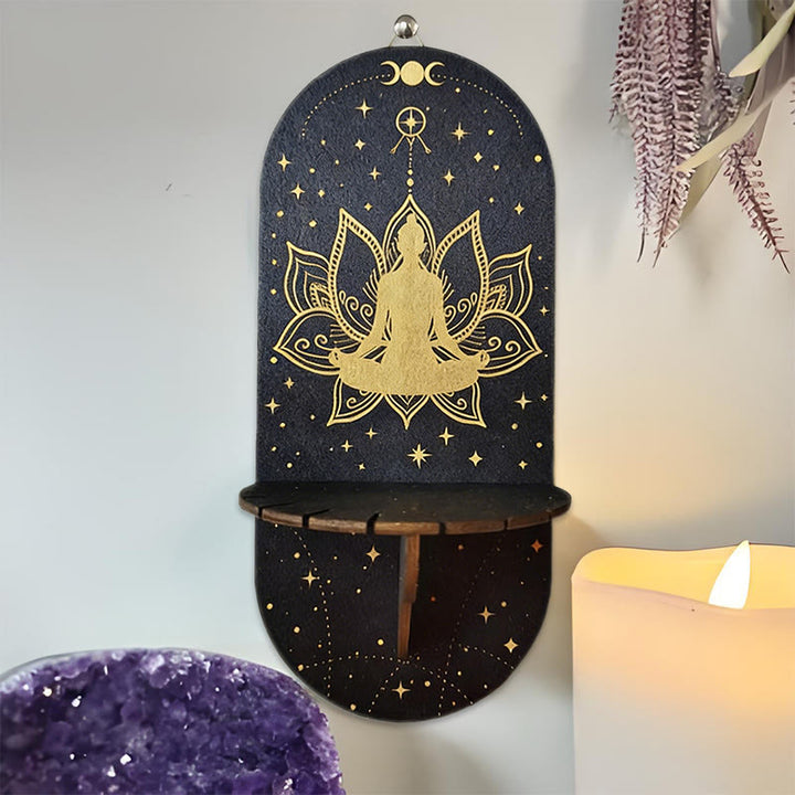 Olivenorma Wooden Boho Black oval-shaped Crystal Shelf - Lotus & Meditation - image 0