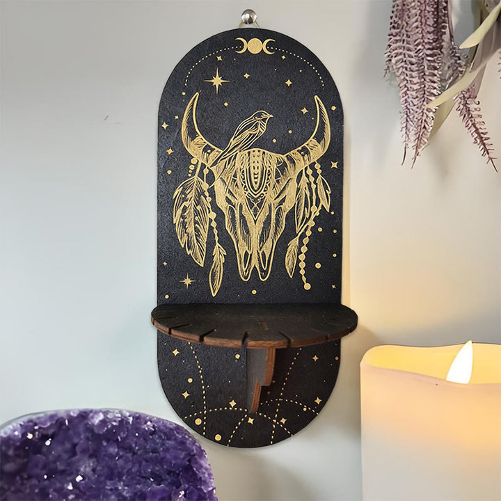 Olivenorma Wooden Boho Black oval-shaped Crystal Shelf - Bull Skull - image 11