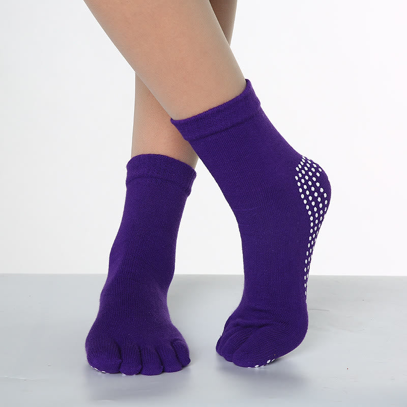 Olivenorma Non-Slip Toe Separation Pilates Barre Fitness Socks with Breathable Cotton Comfort "Love Yoga" Five-Toe Grip Socks - Solid Color & Medium Purple - 10 Pairs - image 4