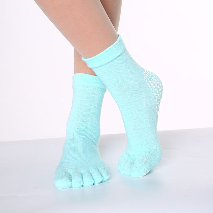 Olivenorma Non-Slip Toe Separation Pilates Barre Fitness Socks with Breathable Cotton Comfort "Love Yoga" Five-Toe Grip Socks - Solid Color & Light Blue - 10 Pairs - image 6