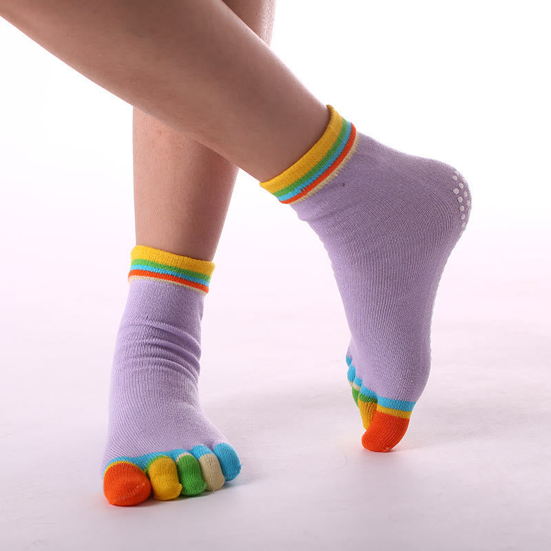 Olivenorma Non-Slip Toe Separation Pilates Barre Fitness Socks with Breathable Cotton Comfort "Love Yoga" Five-Toe Grip Socks - Color-Toe & Light Purple - 10 Pairs - image 13