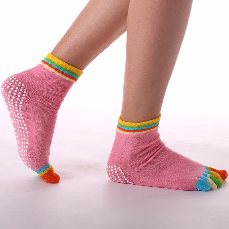 Olivenorma Non-Slip Toe Separation Pilates Barre Fitness Socks with Breathable Cotton Comfort "Love Yoga" Five-Toe Grip Socks - Color-Toe & Rose Red - 10 Pairs - image 12
