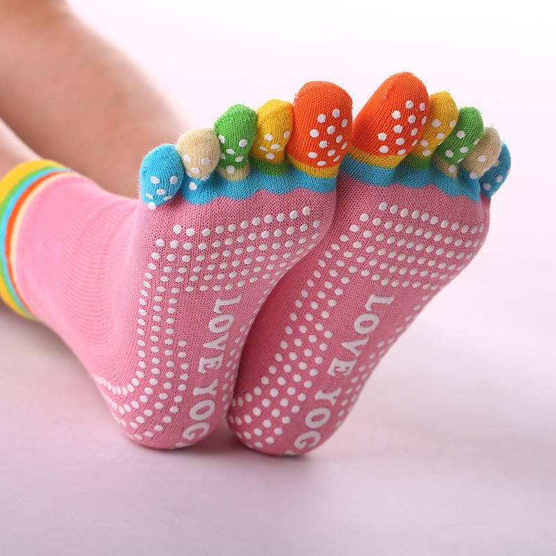 Olivenorma Non-Slip Toe Separation Pilates Barre Fitness Socks with Breathable Cotton Comfort "Love Yoga" Five-Toe Grip Socks - Color-Toe & Pink - 10 Pairs - image 0
