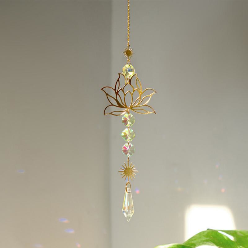 Olivenorma Aurora Borealis Crystal Pendant Golden Lotus Charm Wind Chime - Lotus - image 1