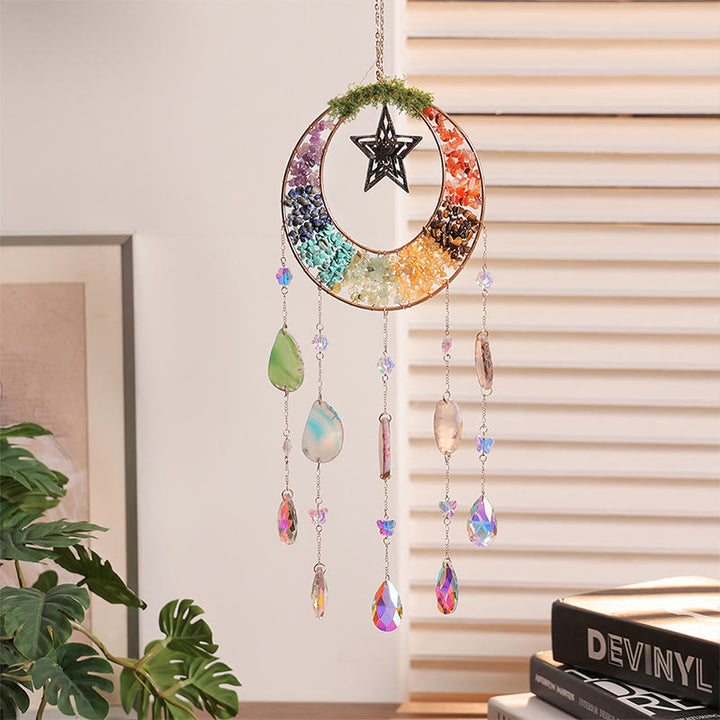 Olivenorma Crystal Chips Moon & Star Rainbow Chakra Suncatcher Wind Chime - Chakra - image 1