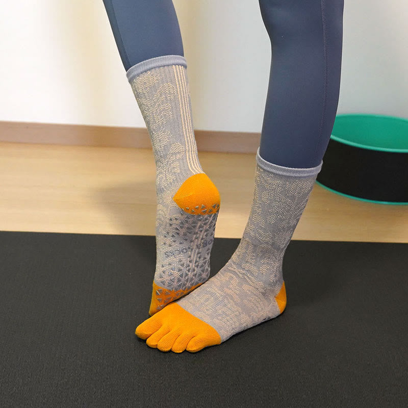 Olivenorma Breathable Toe Separation Anti-Slip Pilates Barre Socks with Cotton Comfort Fit Floral Print Five-Toe Yoga Socks - Orange - 10 Pairs - image 1