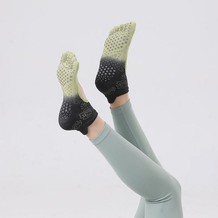 Olivenorma Non-Slip Grip Pilates Barre Dance Socks with Breathable Open Heel Design Gradient Five-Toe Backless Yoga Socks - Emerald Green&Black - 10 Pairs - image 4