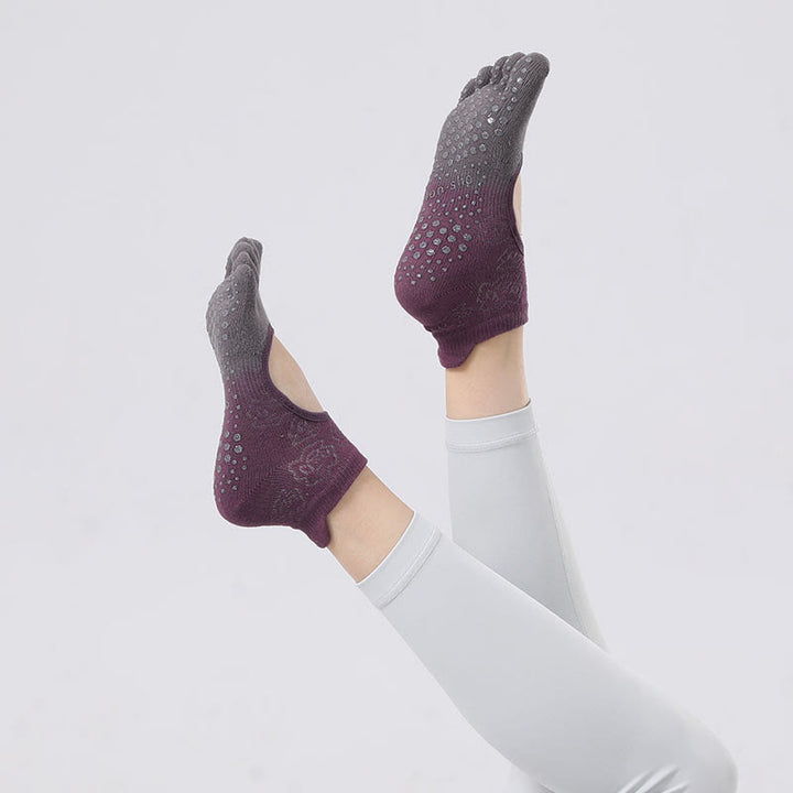 Olivenorma Non-Slip Grip Pilates Barre Dance Socks with Breathable Open Heel Design Gradient Five-Toe Backless Yoga Socks - Purple&Gray - 10 Pairs - image 2