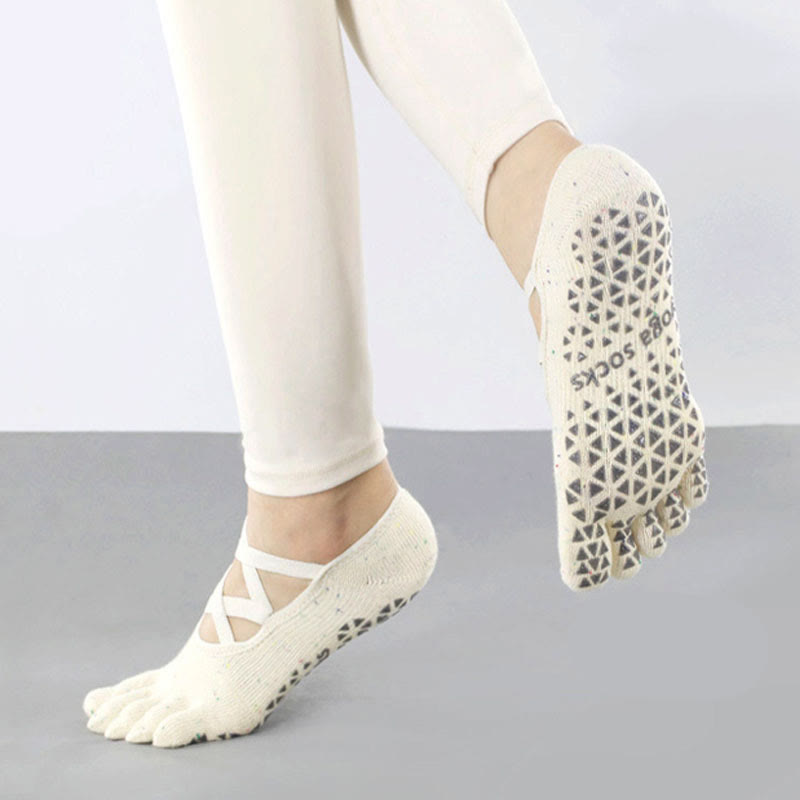 Olivenorma Non-Slip Grip Toe Separation Pilates Barre Fitness Socks with Secure Cross Strap Support Five-Toe Strap Yoga Socks - Off-White - 10 Pairs - image 8