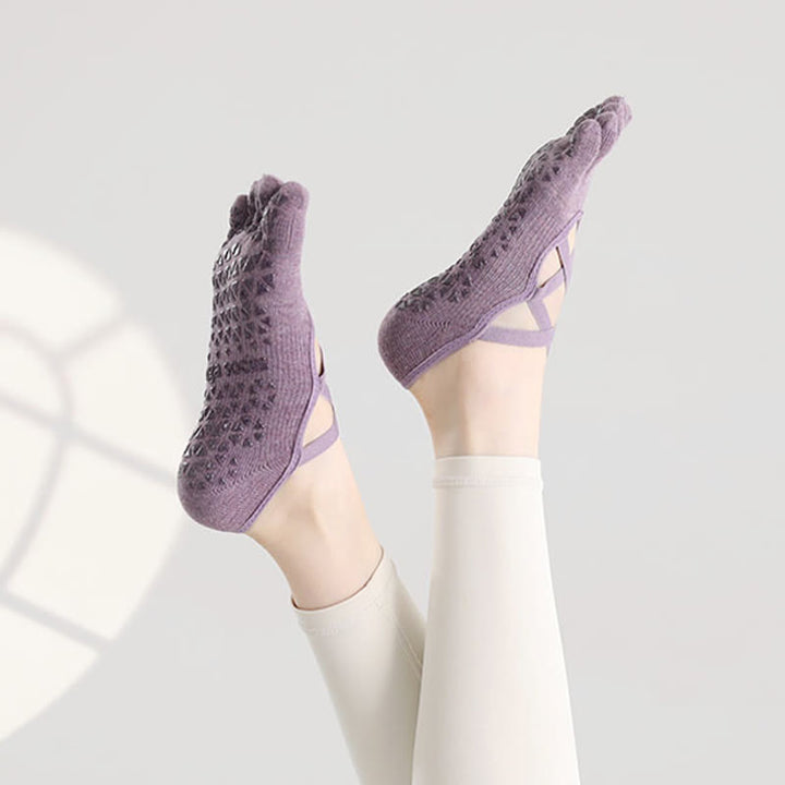 Olivenorma Non-Slip Grip Toe Separation Pilates Barre Fitness Socks with Secure Cross Strap Support Five-Toe Strap Yoga Socks - image 3