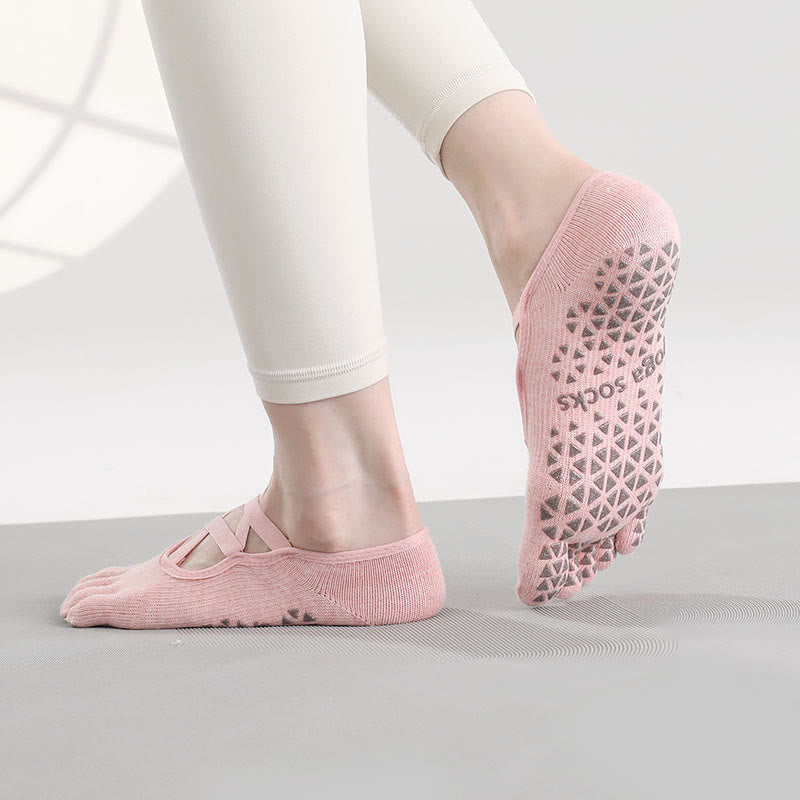 Olivenorma Non-Slip Grip Toe Separation Pilates Barre Fitness Socks with Secure Cross Strap Support Five-Toe Strap Yoga Socks - Light Pink - 10 Pairs - image 4