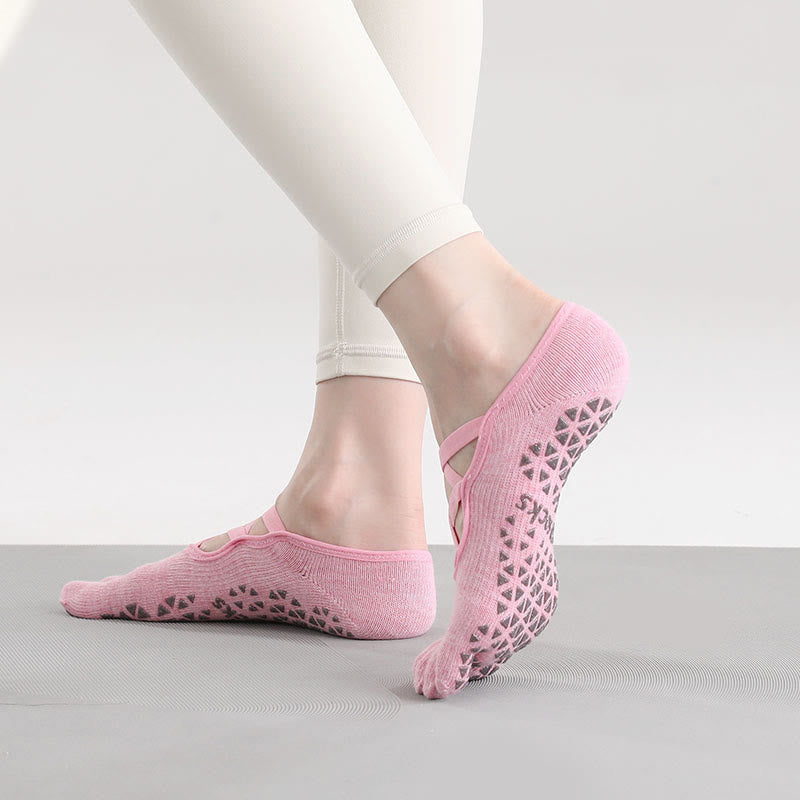 Olivenorma Non-Slip Grip Toe Separation Pilates Barre Fitness Socks with Secure Cross Strap Support Five-Toe Strap Yoga Socks - Dark Pink - 10 Pairs - image 6