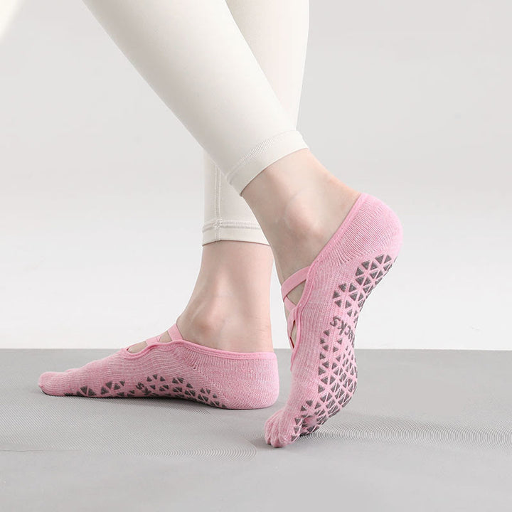 Olivenorma Non-Slip Grip Toe Separation Pilates Barre Fitness Socks with Secure Cross Strap Support Five-Toe Strap Yoga Socks - Dark Pink - 10 Pairs - image 6