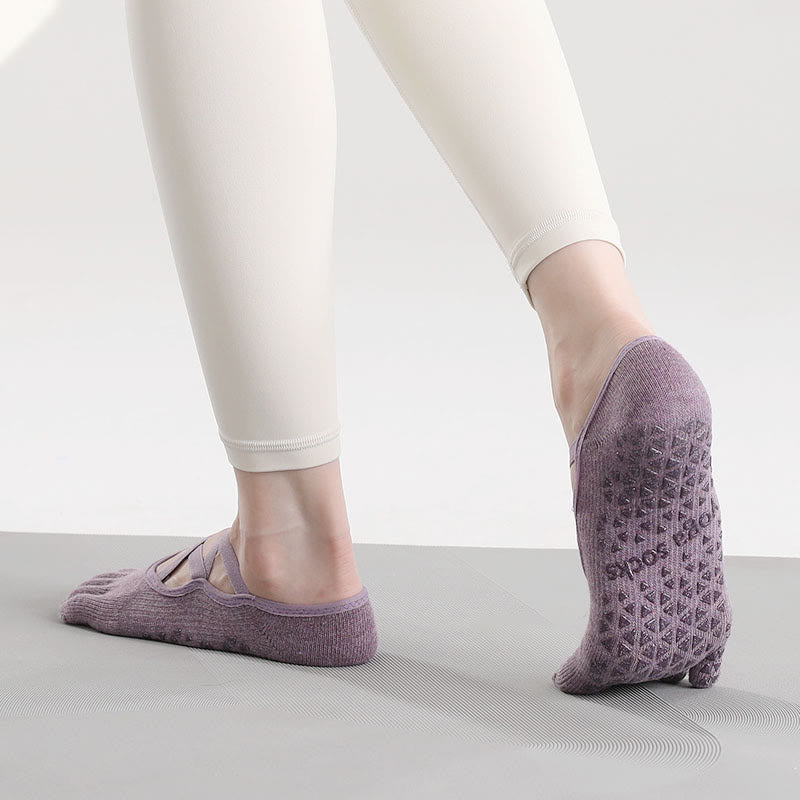 Olivenorma Non-Slip Grip Toe Separation Pilates Barre Fitness Socks with Secure Cross Strap Support Five-Toe Strap Yoga Socks - Dark Purple - 10 Pairs - image 2