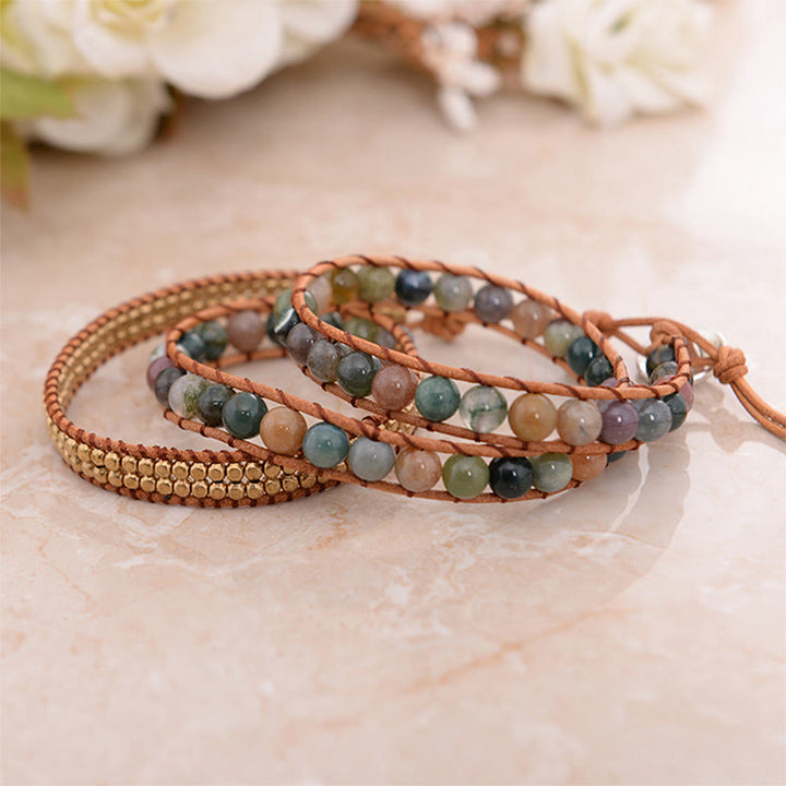 Olivenorma Indian Agate Beaded Handmade Black Onyx Multi-Layer Wrap Bracelet - image 0