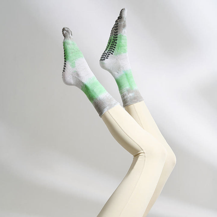 Olivenorma Tie-Dye Five-Toe Non-Slip Grip Toe Separation Pilates Workout Socks with Breathable Cotton Stretch Yoga Socks - Green&Gray - 10 Pairs - image 3