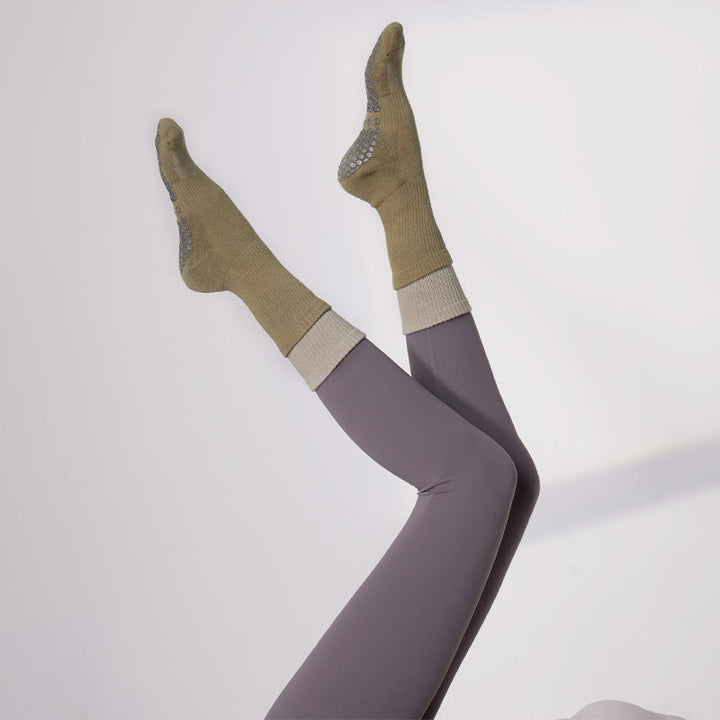 Olivenorma Double-Layer Mid-Calf Non-Slip Grip Pilates Barre Warm Support Socks with Breathable Cotton Cushion Design Yoga Socks - Army Green&Brown - 10 Pairs - image 8
