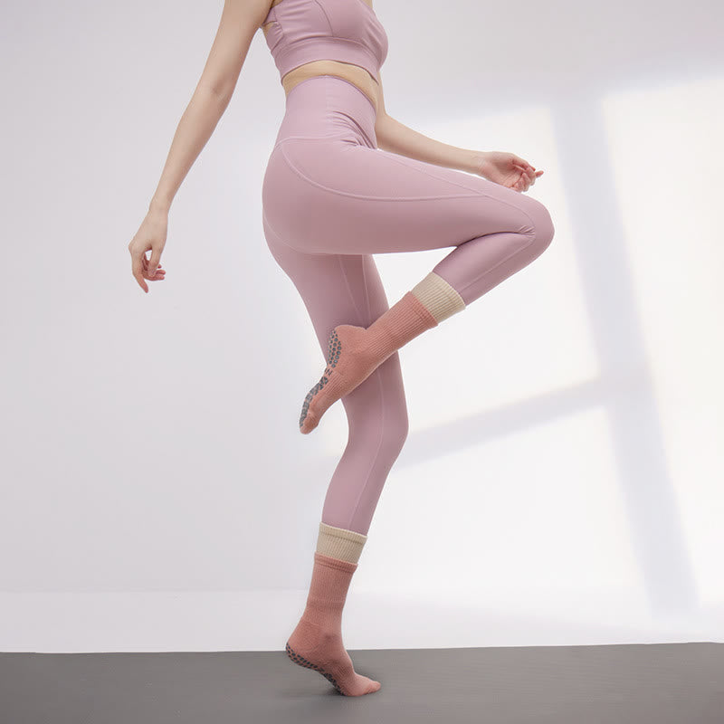 Olivenorma Double-Layer Mid-Calf Non-Slip Grip Pilates Barre Warm Support Socks with Breathable Cotton Cushion Design Yoga Socks - Pink&Beige - 10 Pairs - image 5