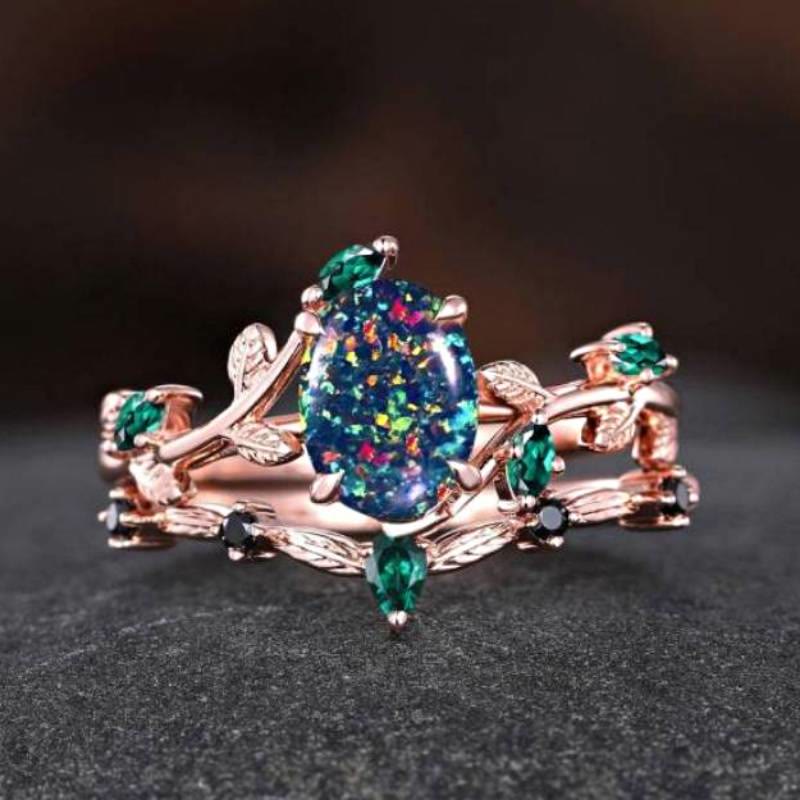 FREE Today: Oval Black Fire Opal Emerald Rose Gold Ring - US 10 - image 0