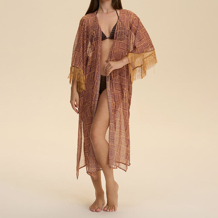 Olivenorma Summer Chiffon Beach Cover-Up Loose Fit Lightweight Women's Cardigan - Hieroglyphic Nile - image 3