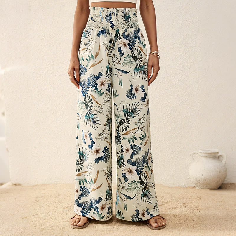 Olivenorma Bohemian Tree & Bird Print with Button Detail and Cinched Elastic Waistband Wide Leg Pants - Apricot - 2XL - image 0