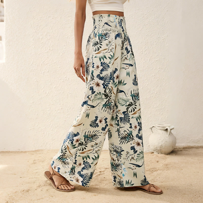 Olivenorma Bohemian Tree & Bird Print with Button Detail and Cinched Elastic Waistband Wide Leg Pants - image 2