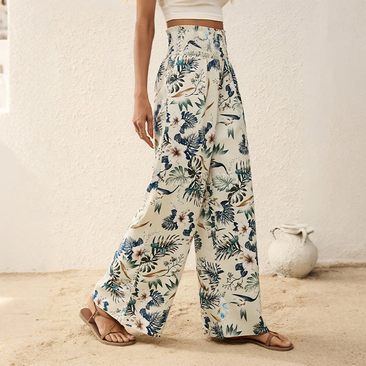 Olivenorma Bohemian Tree & Bird Print with Button Detail and Cinched Elastic Waistband Wide Leg Pants - image 2