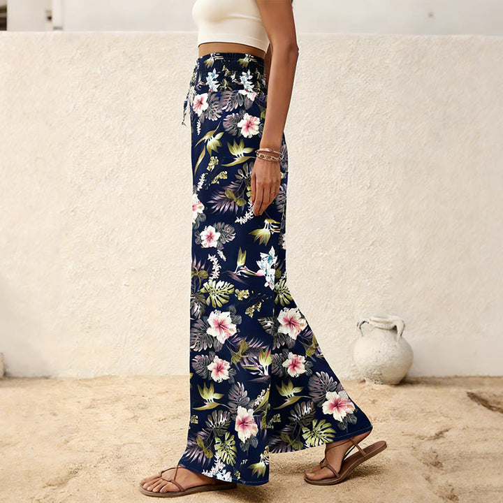 Olivenorma Bohemian Tree & Bird Print with Button Detail and Cinched Elastic Waistband Wide Leg Pants - image 7