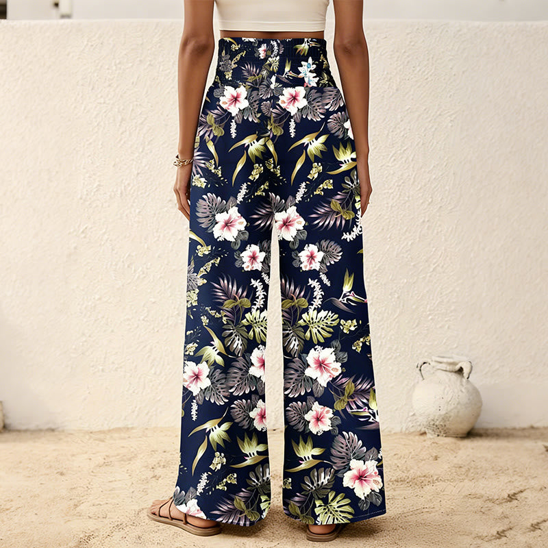 Olivenorma Bohemian Tree & Bird Print with Button Detail and Cinched Elastic Waistband Wide Leg Pants - image 8