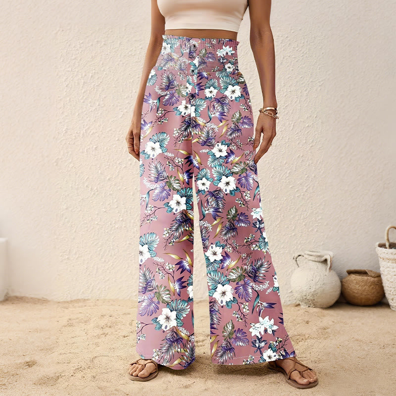 Olivenorma Bohemian Tree & Bird Print with Button Detail and Cinched Elastic Waistband Wide Leg Pants - Lotus Root Pink - 2XL - image 3