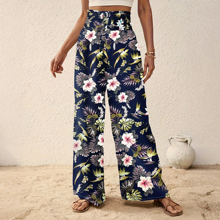 Olivenorma Bohemian Tree & Bird Print with Button Detail and Cinched Elastic Waistband Wide Leg Pants - Navy Blue - 2XL - image 6