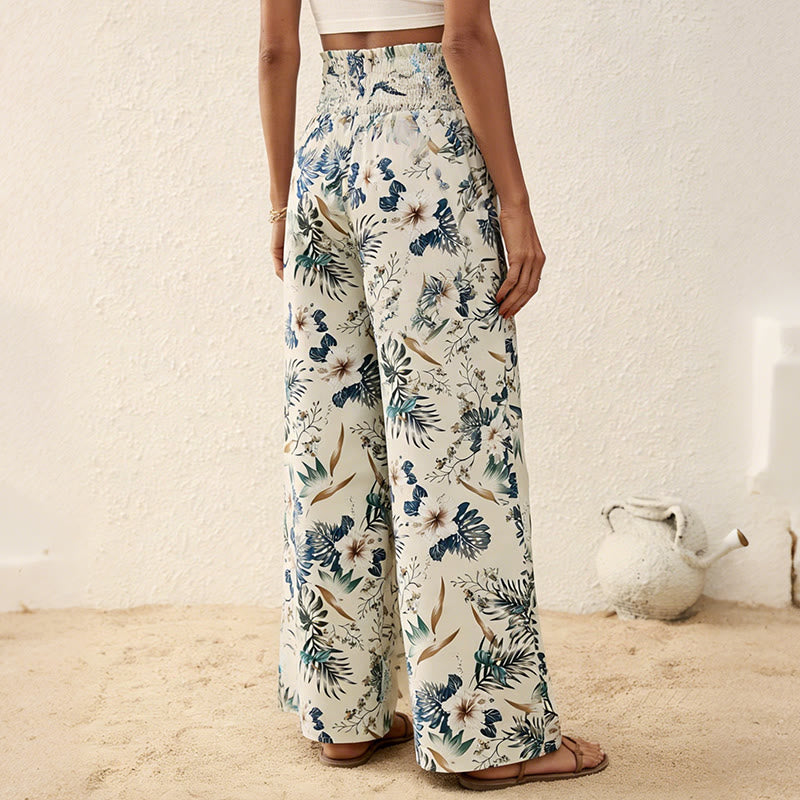 Olivenorma Bohemian Tree & Bird Print with Button Detail and Cinched Elastic Waistband Wide Leg Pants - image 1