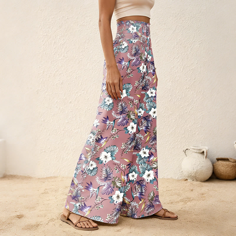 Olivenorma Bohemian Tree & Bird Print with Button Detail and Cinched Elastic Waistband Wide Leg Pants - image 5