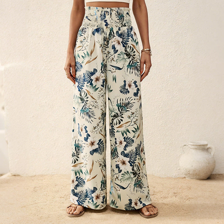 Olivenorma Bohemian Tree & Bird Print with Button Detail and Cinched Elastic Waistband Wide Leg Pants - Apricot - 2XL - image 0