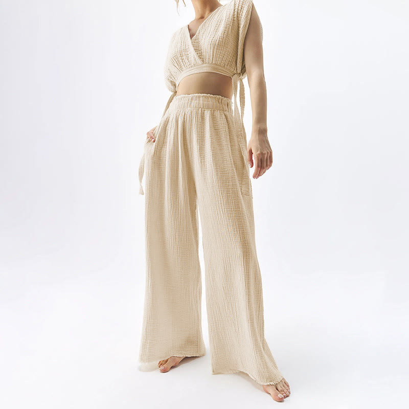 Olivenorma High Waist Double-Layer Cotton Wide Leg Relaxed Casual Floor-Length Pants - Light Khaki - XL - image 3