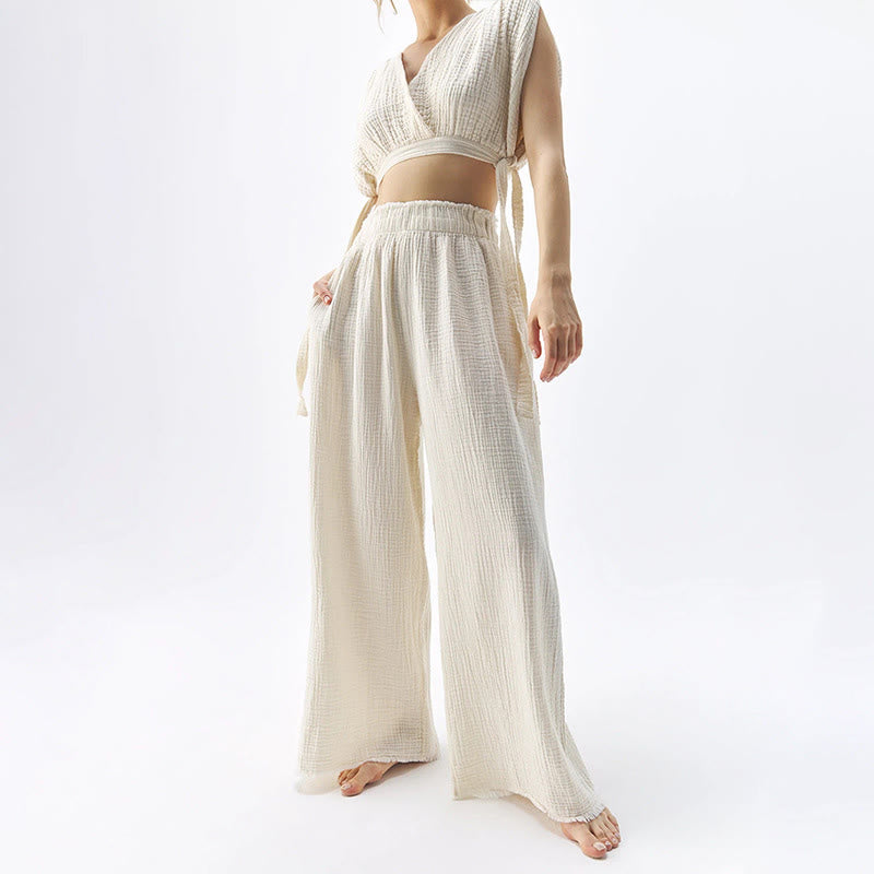 Olivenorma High Waist Double-Layer Cotton Wide Leg Relaxed Casual Floor-Length Pants - Beige - XL - image 0