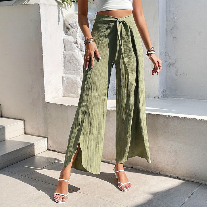 Olivenorma Bohemian High-Waist Slit Wide-Leg Belted Spring Summer Women's Pants - image 0