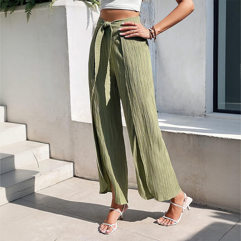 Olivenorma Bohemian High-Waist Slit Wide-Leg Belted Spring Summer Women's Pants - image 3