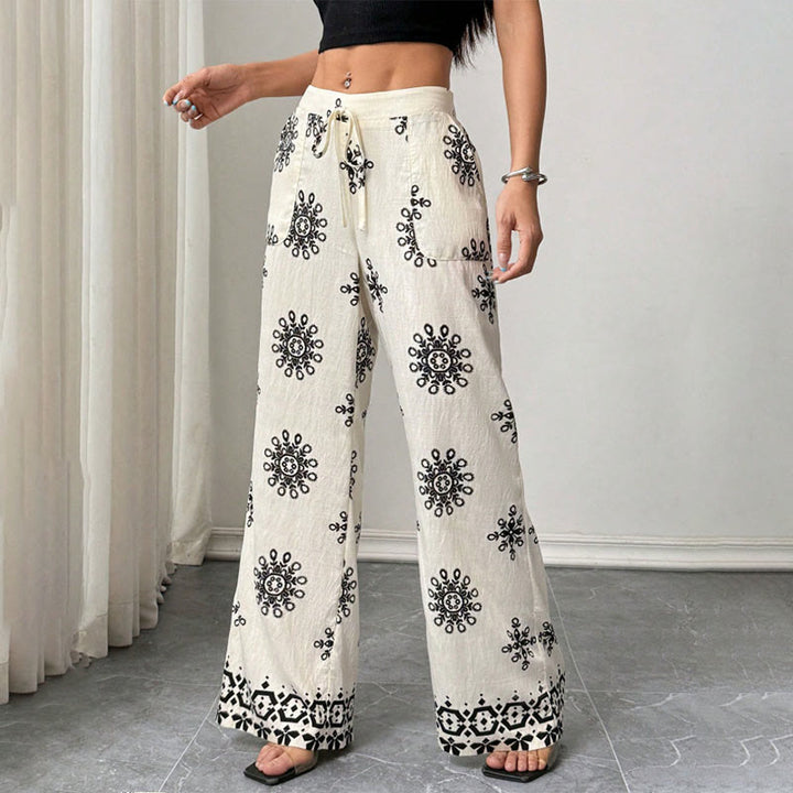 Olivenorma Women's Casual Loose Fit Printed Wide Leg Elastic Waist Comfortable Stylish Pants - Off-White - XL - image 0