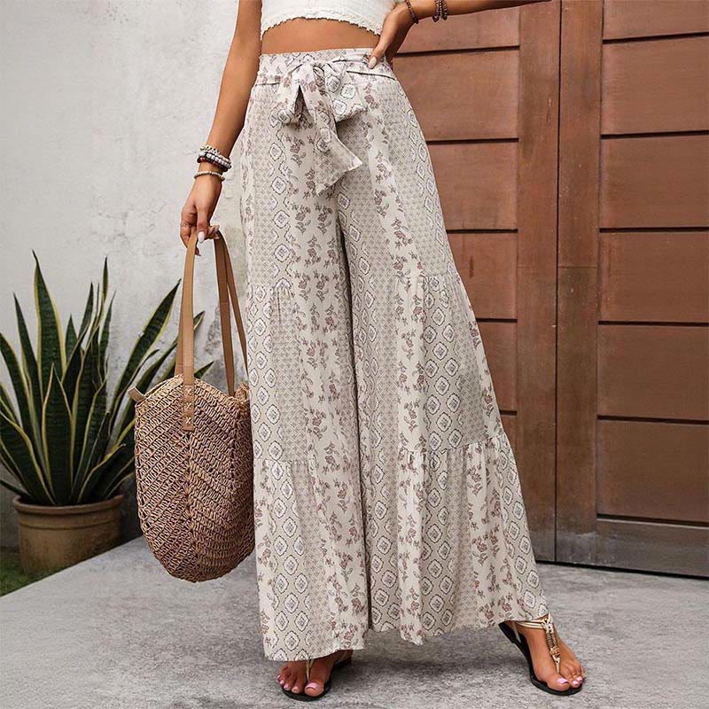 Olivenorma Summer Geometric Floral Tie-Waist Wide Leg Vacation Pants - image 0
