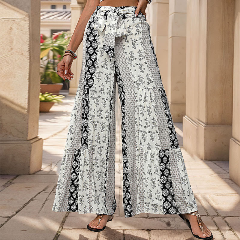 Olivenorma Summer Geometric Floral Tie-Waist Wide Leg Vacation Pants - Black - XL - image 5