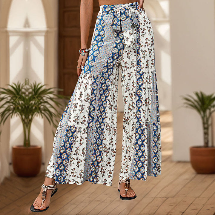 Olivenorma Summer Geometric Floral Tie-Waist Wide Leg Vacation Pants - Blue - XL - image 6