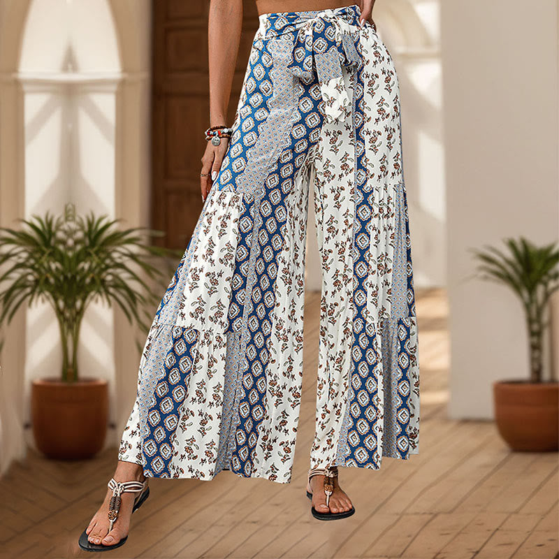 Olivenorma Summer Geometric Floral Tie-Waist Wide Leg Vacation Pants - Blue - XL - image 6