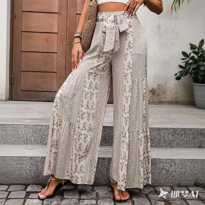 Olivenorma Summer Geometric Floral Tie-Waist Wide Leg Vacation Pants - image 3