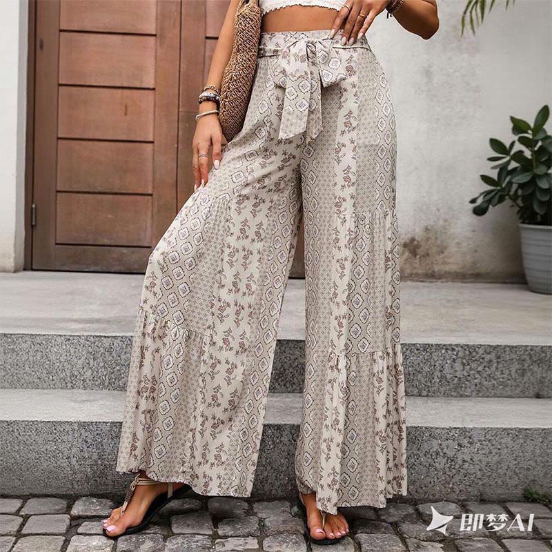 Olivenorma Summer Geometric Floral Tie-Waist Wide Leg Vacation Pants - image 3