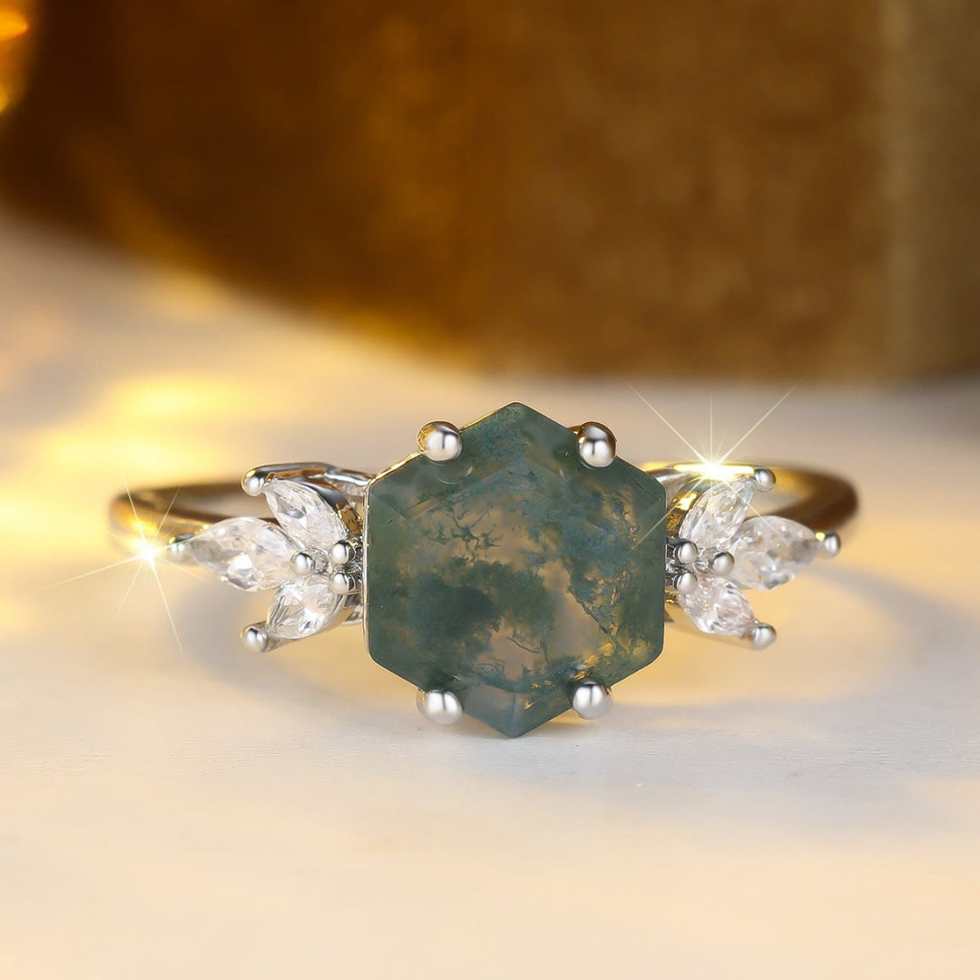 FREE Today: Hexagon Moss Agate Zircon Ring - US 10 - image 0