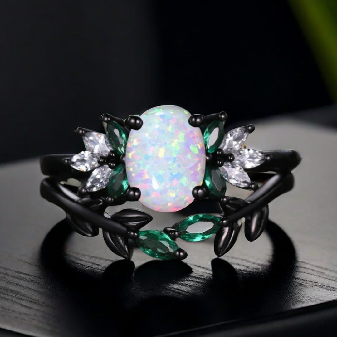 FREE Today: Synthetic Oval Opal & Cubic Zirconia Leaf Engagement Ring Set - US 10 - image 0
