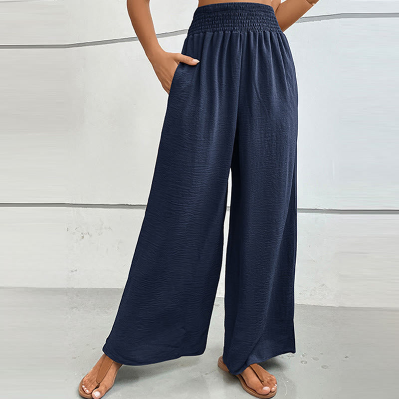 Olivenorma Summer Casual High-Waist Loose Fit Wide-Leg Elastic Waist Pants - Navy Blue - XL - image 7