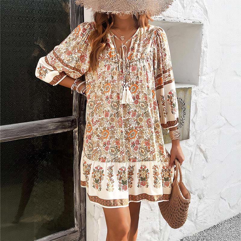 Olivenorma Bohemian V-Neck Cotton Print Summer Vacation Dress - image 2