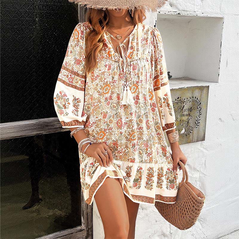 Olivenorma Bohemian V-Neck Cotton Print Summer Vacation Dress - image 4